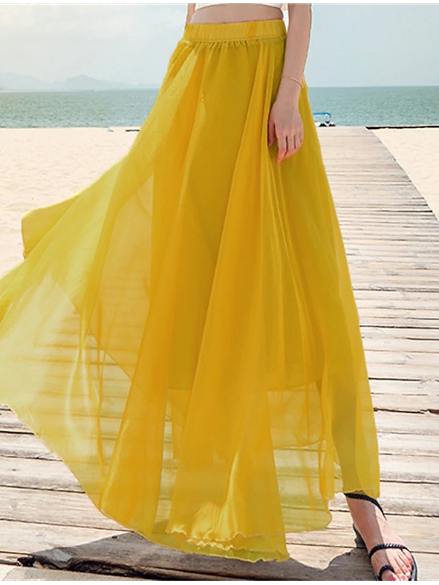 Women's Skirt Swing Long Skirt Maxi Skirts Layered Solid Colored Casual Daily Beach Summer Chiffon Fashion Summer Black White Yellow Pink 12