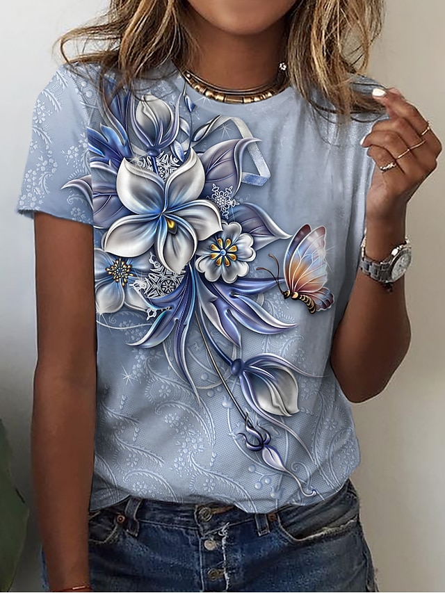  Women's T shirt Tee Pink Blue Green Print Floral Casual Holiday Short Sleeve Round Neck Basic Regular Floral Painting S