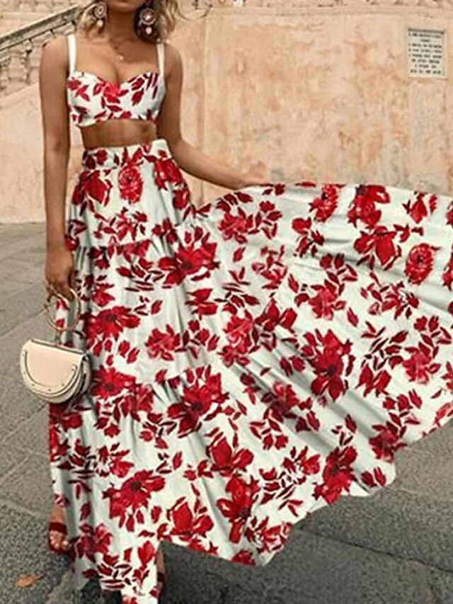 Womens Clothing Womens Dresses | Womens A Line Dress Maxi long Dress Red Sleeveless Floral Ruffle Print Spring Summer Spaghetti 