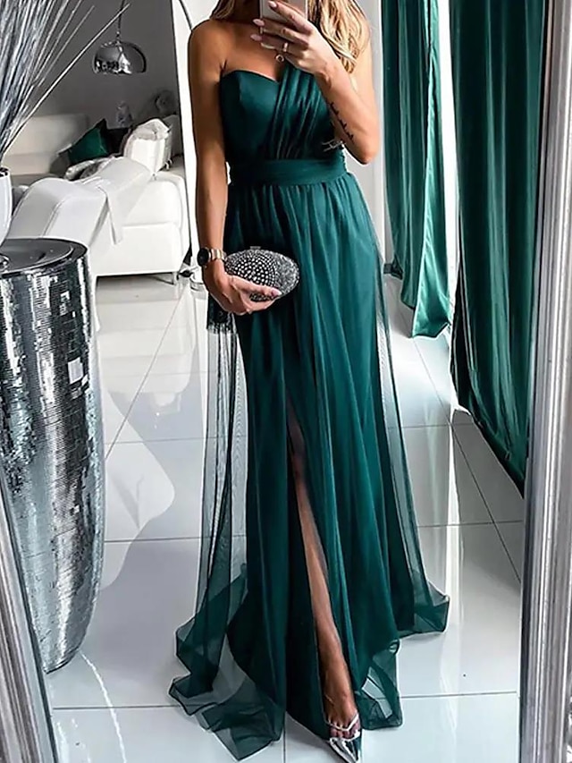  A-Line Wedding Guest Dresses Sexy Dress Wedding Guest Sweep / Brush Train Sleeveless One Shoulder Polyester with Pleats Slit 2023