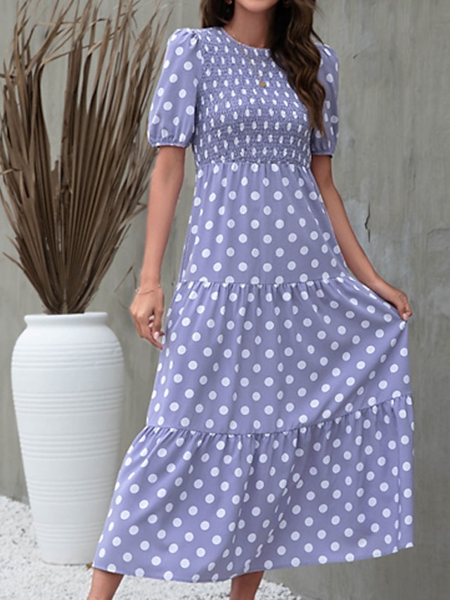 Womens Clothing Womens Dresses | Womens A Line Dress Maxi long Dress Blue Pink Khaki Short Sleeve Polka Dot Ruffle Print Spring 