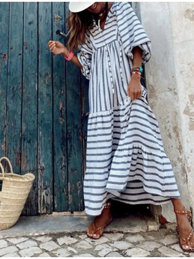 Womens Clothing Womens Dresses | Womens A Line Dress Maxi long Dress White Long Sleeve Striped Ruched Print Spring Summer V Neck