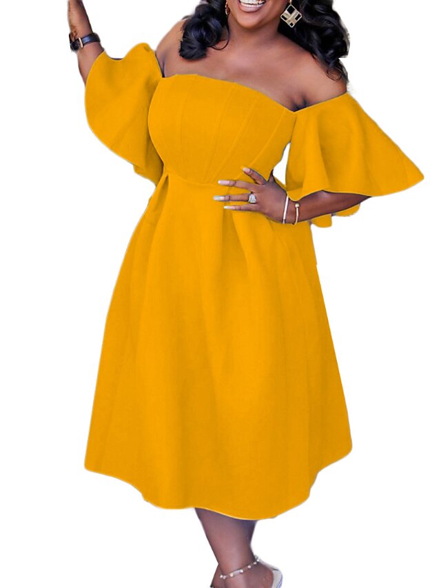 Womens Clothing Plus Size Collection | Womens Plus Size Party Dress Solid Color Off Shoulder Half Sleeve Spring Summer Prom Dres