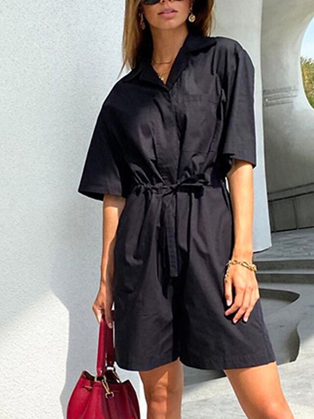 Womens Clothing Womens Jumpsuits & Rompers | Womens Romper Lace up Pocket Solid Color Shirt Collar Casual Street Daily Regular F