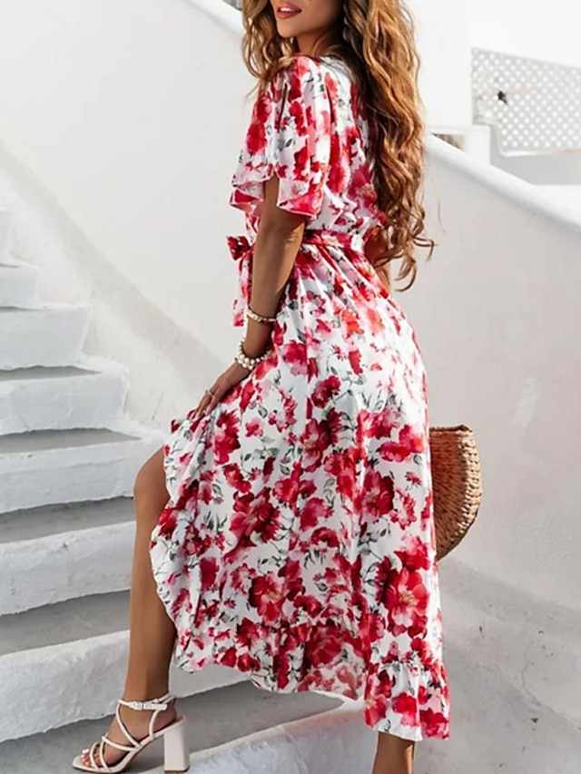 Womens Clothing Womens Dresses | Womens A Line Dress Midi Dress Red Short Sleeve Floral Lace up Ruffle Print Spring Summer V Nec