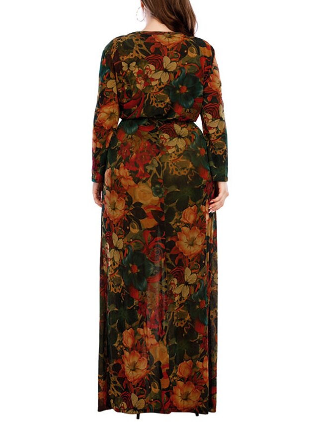 Womens Clothing Plus Size Collection | Womens Plus Size Sheath Dress Floral Round Neck Long Sleeve Spring Summer Casual Maxi lon