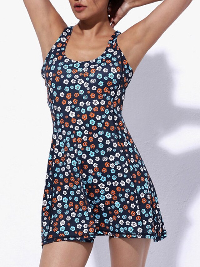  Women's Sports Dress Short Mini Dress Blue Sleeveless Floral Backless Print Spring Summer U Neck Casual 2022 XS S M L XL