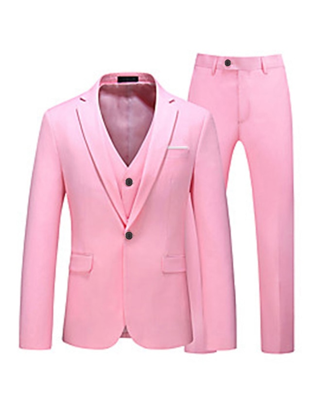  White Pink Red Men's Party Evening Homecoming Valentine's Day Suits Solid Colored 3 Piece Tailored Fit Single Breasted One-button 2024
