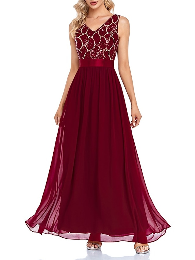 A Line Evening Gown Sparkle And Shine Dress Wedding Guest Prom Floor Length Sleeveless V Neck 8868