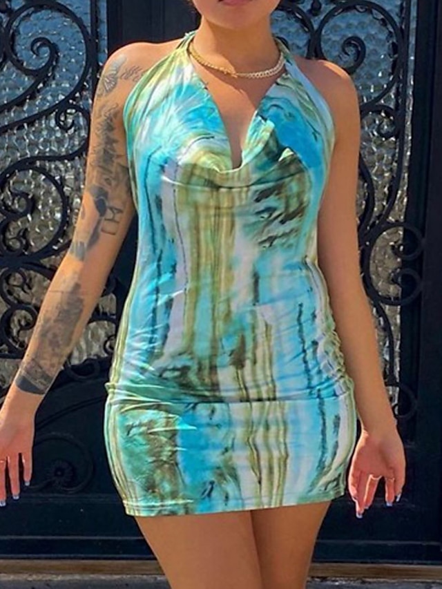 Womens Clothing Womens Dresses | Womens Bodycon Short Mini Dress Green Sleeveless Striped Tie Dye Backless Cold Shoulder Print S