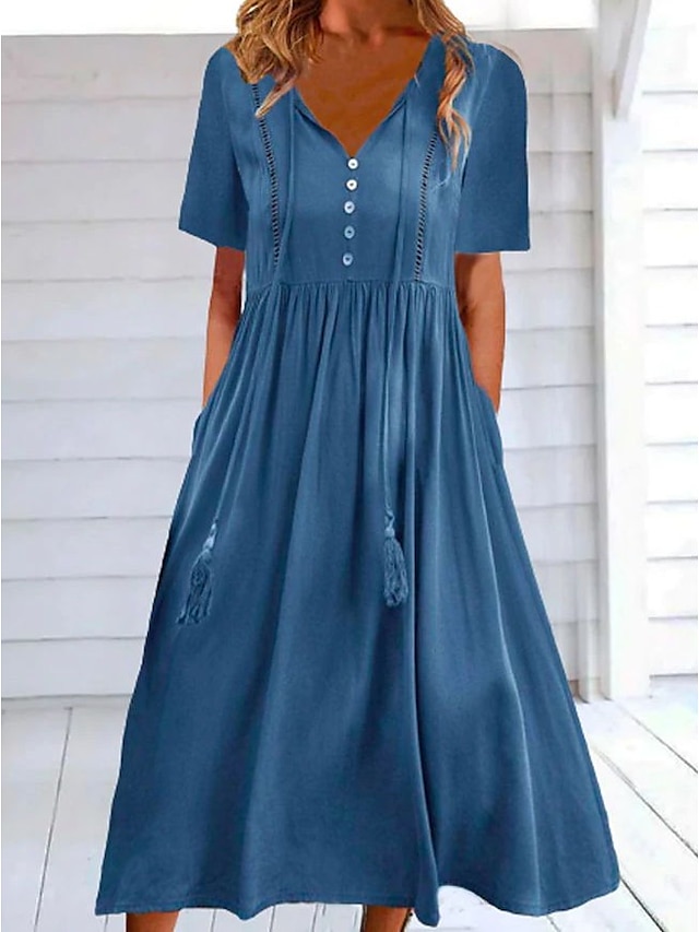 Women's Casual Dress Midi Dress Dark Blue Short Sleeve Pure Color ...