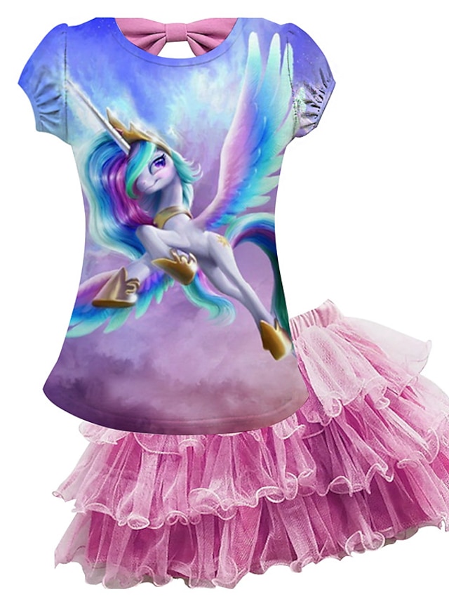 Baby & Kids Girls Clothing | Kids Girls T-shirt & Skirt Skirt Set Clothing Set 2 Pieces Short Sleeve Blue Purple Unicorn Animal 