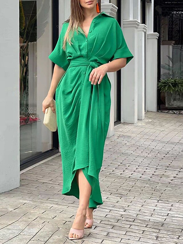 Womens Clothing Womens Dresses | Womens A Line Dress Maxi long Dress Green White Pink Yellow Half Sleeve Pure Color Button Sprin