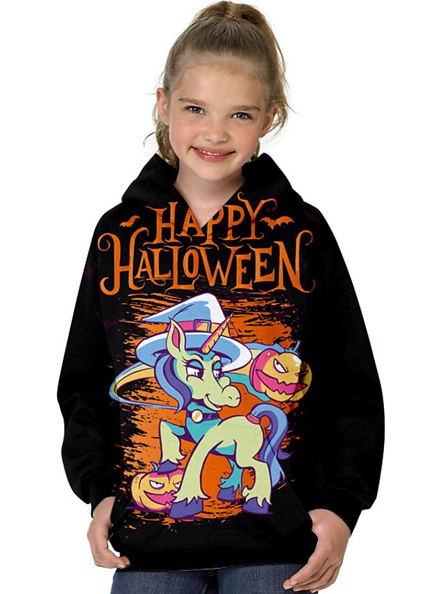 Baby & Kids Girls Clothing | Kids Girls Halloween Hoodie Long Sleeve 3D Print Unicorn Pumpkin Animal Pocket Black Children Tops 