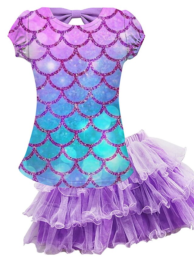 Baby & Kids Girls Clothing | Kids Girls T-shirt & Skirt Skirt Set Clothing Set 2 Pieces Short Sleeve Purple Mermaid Mesh Bow Pri