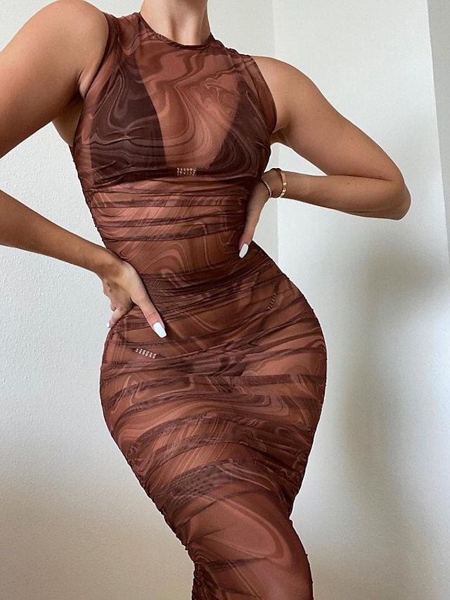 Womens Clothing Womens Dresses | Womens Bodycon Short Mini Dress Purple Brown Sleeveless Color Gradient Mesh Print Spring Summer