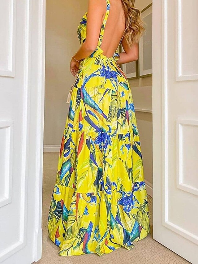 Womens Clothing Womens Dresses | Womens Swing Dress Maxi long Dress Yellow Sleeveless Floral Abstract Backless Patchwork Cold Sh