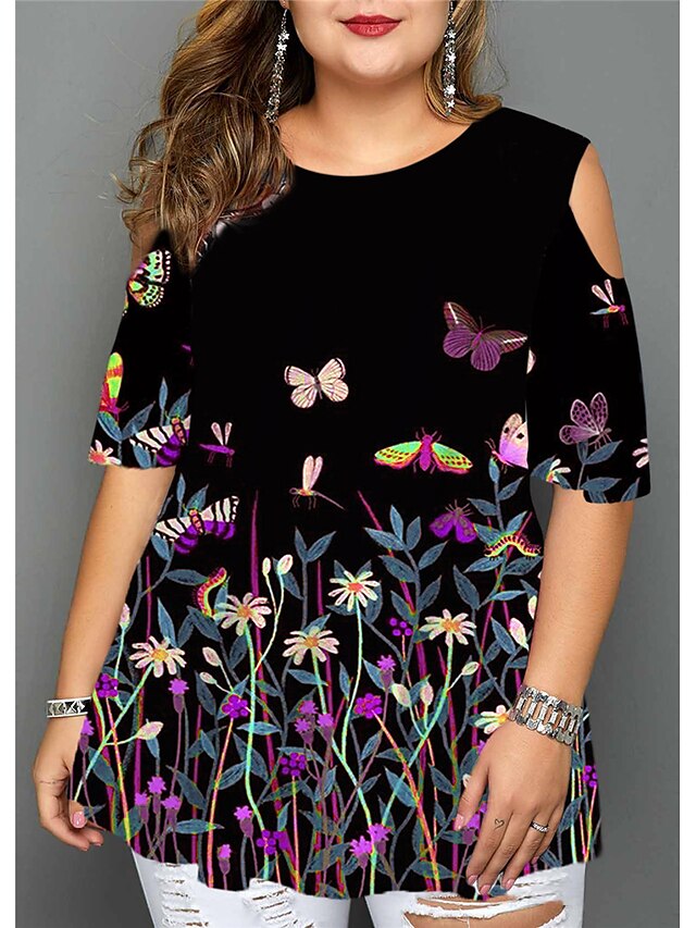 Womens Clothing Plus Size Collection | Womens Plus Size Tops Blouse Shirt Floral Butterfly Cut Out Print Half Sleeve Crewneck St