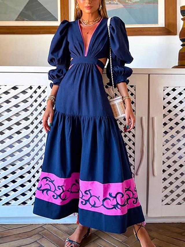  Robe longue maxi Femme Robe Évasée manche longue Automne Hiver - Elégant Imprimer Floral V Profond Ample 2023 bleu marine Violet Vert S M L XL