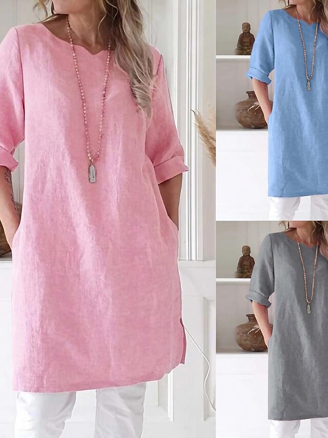 Womens Clothing Womens Sleep & Lounge | Womens Pajamas Nightgown Pure Color Comfort Home Cotton Crew Neck Pocket Spring Summer G