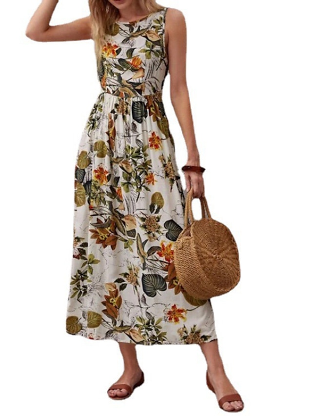 Womens Clothing Womens Dresses | Womens Sundress Maxi long Dress Green Sleeveless Floral Print Spring Summer Round Neck Casual V