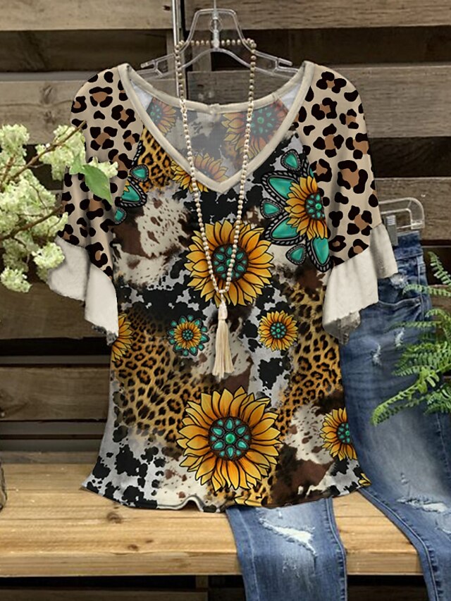 Womens Clothing Plus Size Collection | Womens Plus Size Tops Blouse T shirt Tee Floral Leopard Print Short Sleeve V Neck Streetw