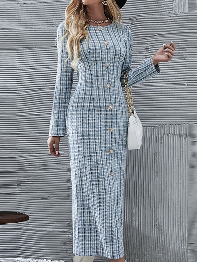 Womens Clothing Womens Dresses | Womens Bodycon Midi Dress Light Blue Long Sleeve Plaid Button Print Spring Summer Crew Neck Wor