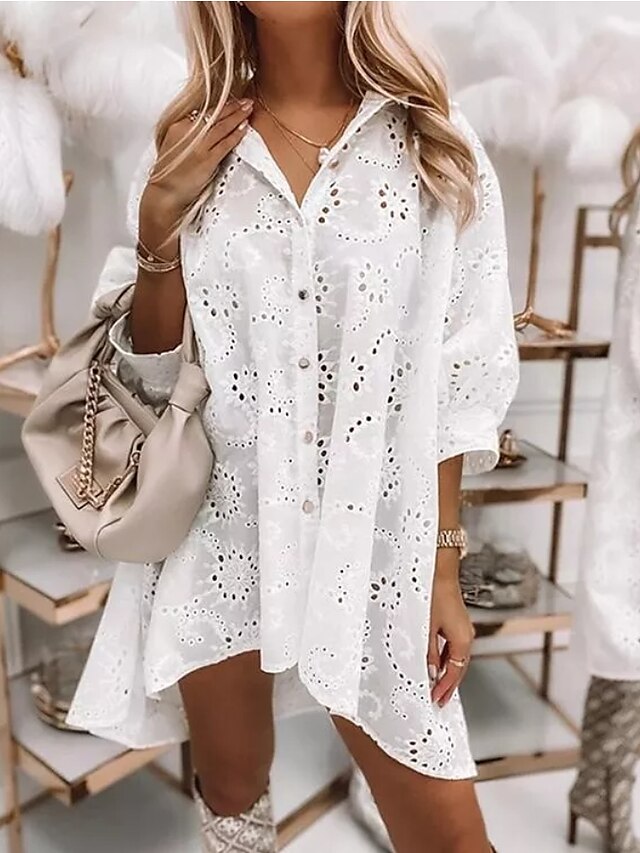 Womens Clothing Womens Dresses | Womens A Line Dress Short Mini Dress White 3/4 Length Sleeve Solid Color Hollow Out Ruched Spri