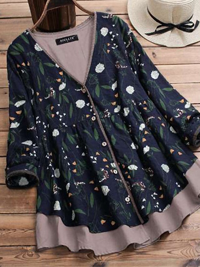 Womens Clothing Plus Size Collection | Womens Plus Size Tops Blouse Shirt Floral Leaf Button Print Long Sleeve V Neck Streetwear