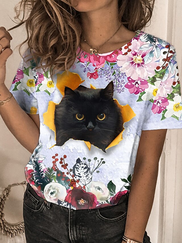 Womens Clothing Womens Tops | Womens Casual Holiday Weekend Floral 3D Cat Painting T shirt Tee Floral Cat 3D Short Sleeve Print 