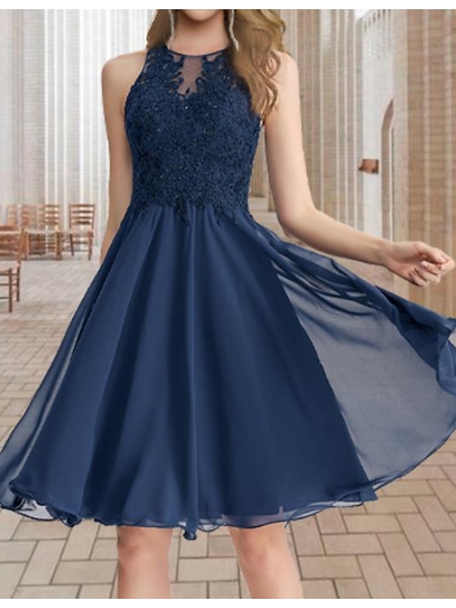  A-Line Bridesmaid Dress Jewel Neck Sleeveless Sexy Short / Mini Chiffon / Lace / Tulle with Pleats / Appliques 2022