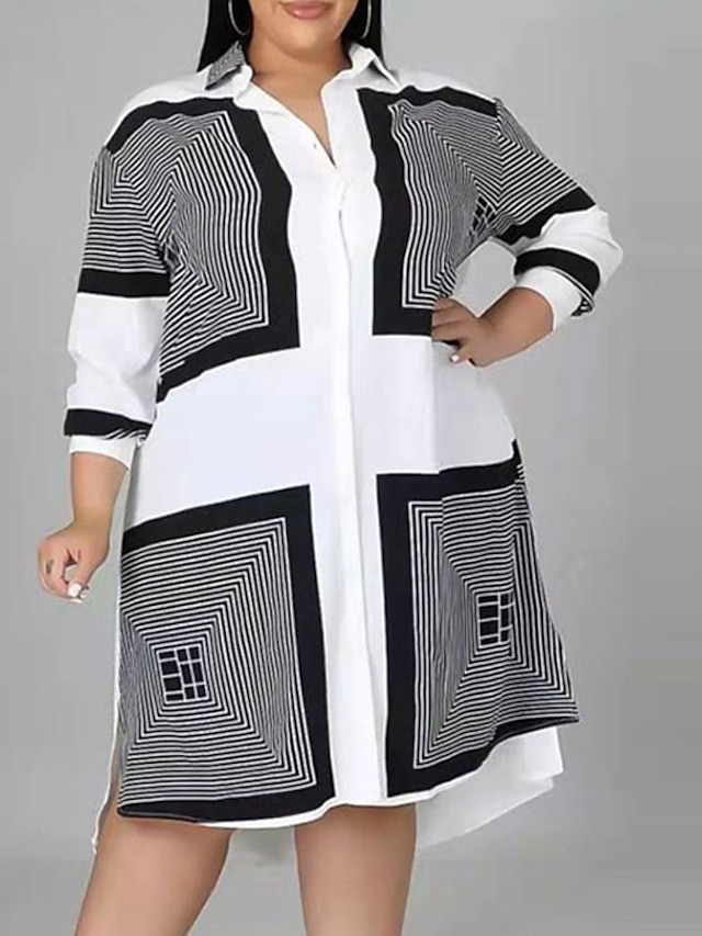 Womens Clothing Plus Size Collection | Womens Plus Size Shift Dress Striped Shirt Collar Print Long Sleeve Fall Winter Casual Kn