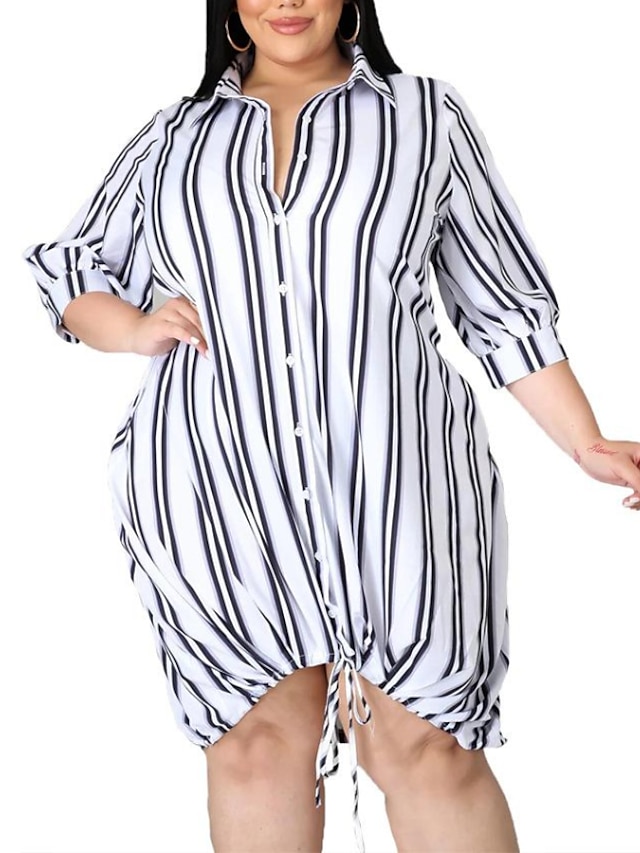 Womens Clothing Plus Size Collection | Womens Plus Size Shirt Dress Striped V Neck 3/4 Length Sleeve Fall Summer Basic Casual Sh