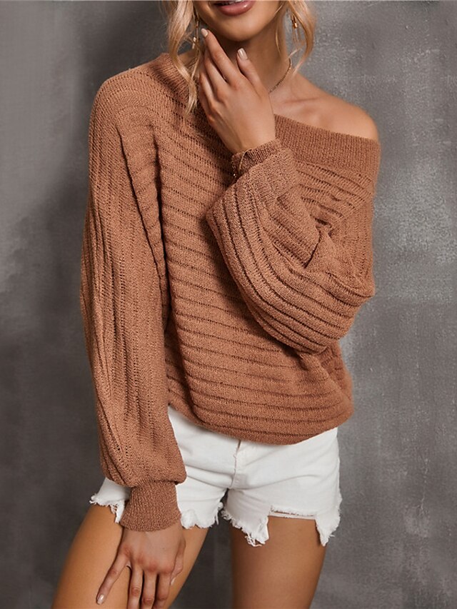 Womens Clothing Sweaters & Cardigans | Womens Pullover Sweater Jumper Ribbed Knit Knitted Pure Color Off Shoulder Stylish Elegan