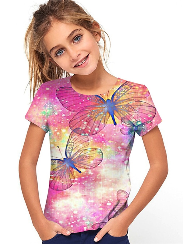  女の子 3D 動物 バタフライ Tシャツ 半袖 3Dプリント 夏 春 活発的 ファッション かわいいスタイル ポリエステル 子供 3〜12年 アウトドア 日常 レギュラー