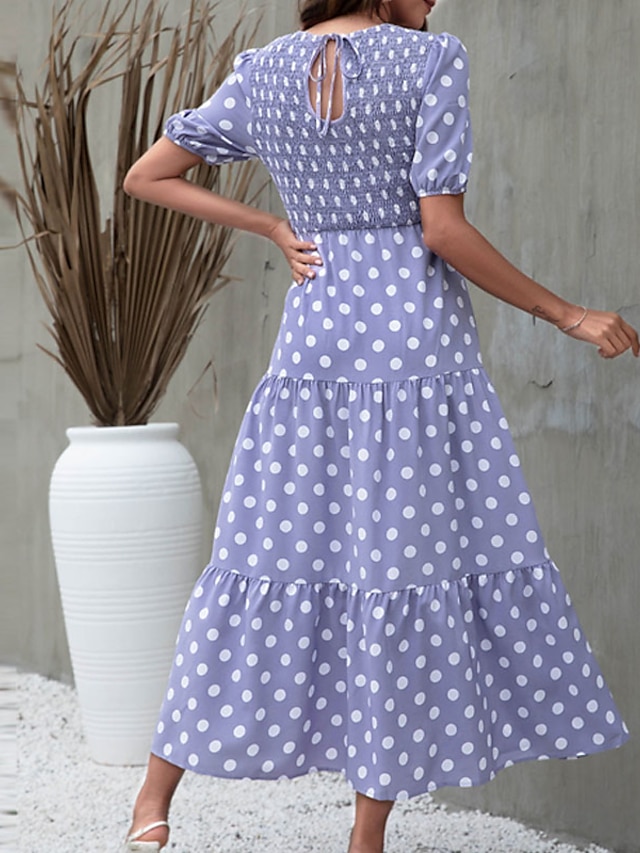 Womens Clothing Womens Dresses | Womens A Line Dress Maxi long Dress Blue Pink Khaki Short Sleeve Polka Dot Ruffle Print Spring 