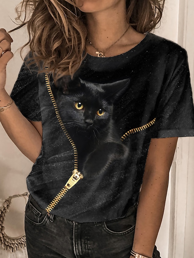 Dam T-shirt Katt 3D Mönster Ledigt Helgen Grundläggande Kortärmad Rund hals Silver