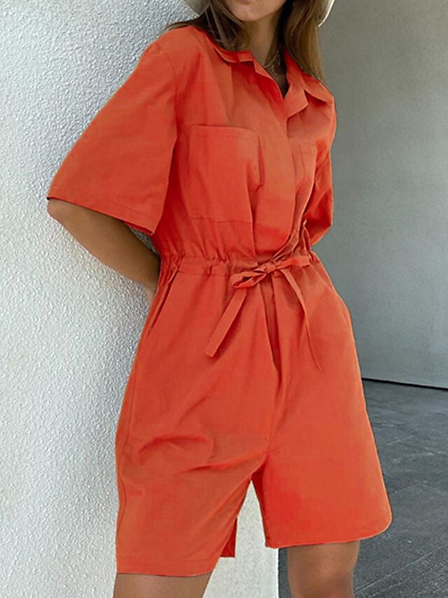 Womens Clothing Womens Jumpsuits & Rompers | Womens Romper Lace up Pocket Solid Color Shirt Collar Casual Street Daily Regular F