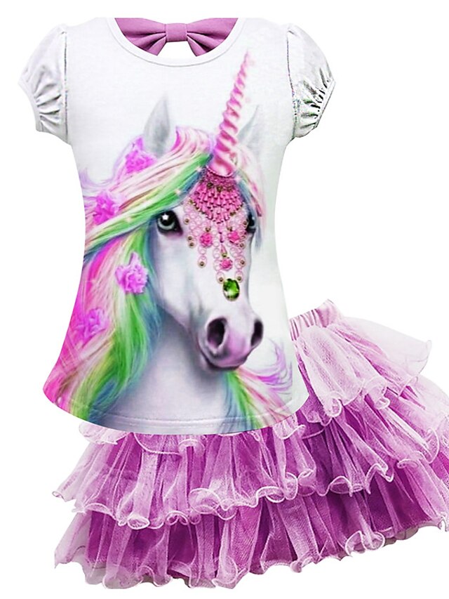 Baby & Kids Girls Clothing | Kids Girls T-shirt & Skirt Skirt Set Clothing Set 2 Pieces Short Sleeve Blue Pink Unicorn Animal Me