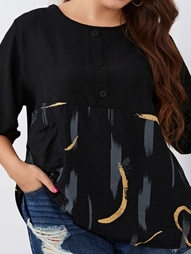 Womens Clothing Plus Size Collection | Womens Plus Size Tops Blouse Shirt Graphic Patterned Pocket Button Short Sleeve Crewneck 