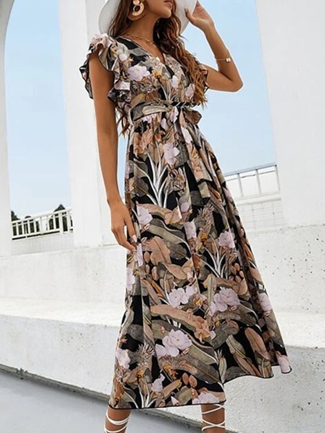 Womens Clothing Womens Dresses | Womens A Line Dress Midi Dress Green Black Blue Pink Yellow khaki Brown Short Sleeve Floral Ruf