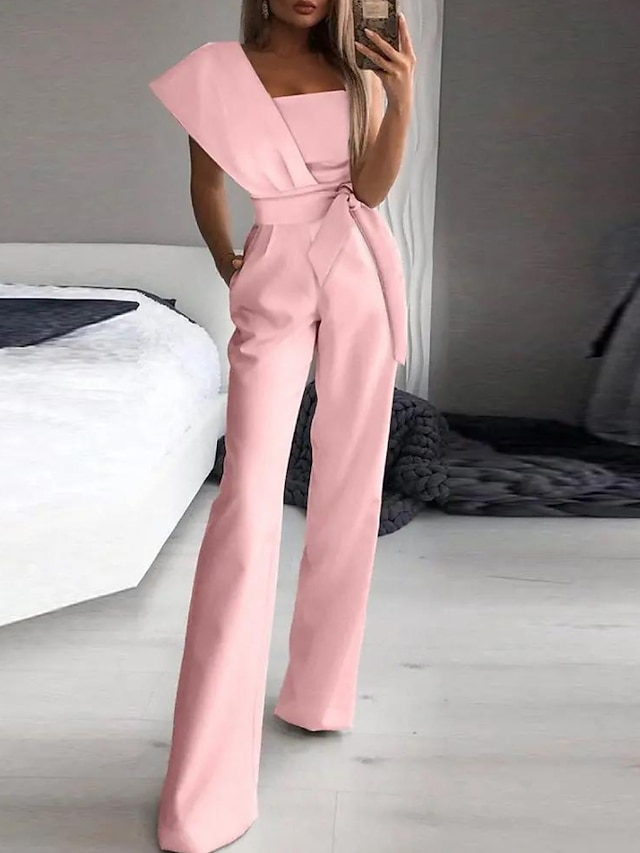  Women's Jumpsuit Lace up Solid Color Square Neck Elegant Prom Vacation Straight Regular Fit Short Sleeve Pink S M L Spring