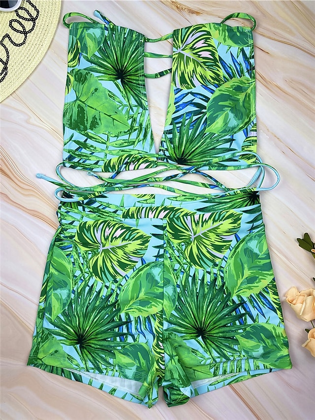 Womens Clothing Womens Swimwear | Womens Swimwear Bikini 2 Piece Normal Swimsuit Open Back Cut Out Printing Trees / Leaves Green