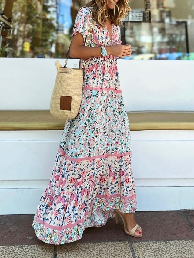  Bohemia feminino vestido longo floral com decote em V maxi vestido rosa manga curta floral franzido primavera verão moderno fim de semana 2023 s m l xl xxl 3xl