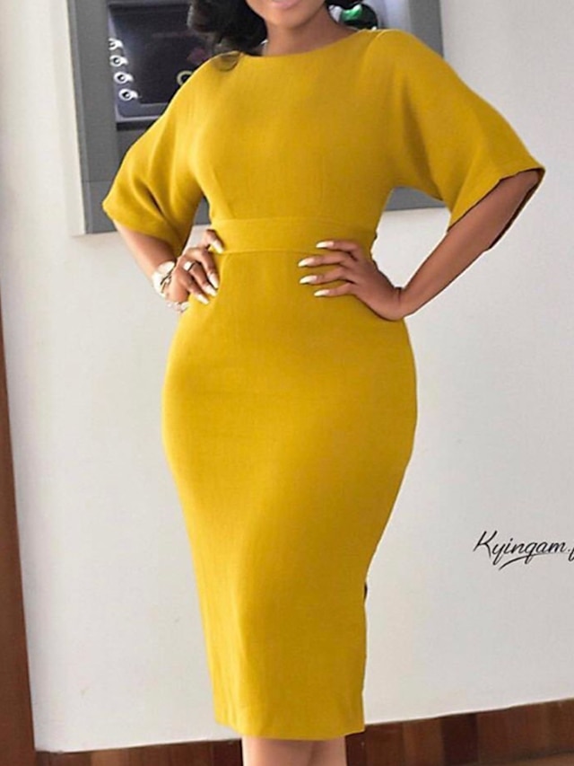 Womens Clothing Womens Dresses | Womens Sheath Dress Knee Length Dress Yellow Half Sleeve Pure Color Zipper Spring Summer Round 