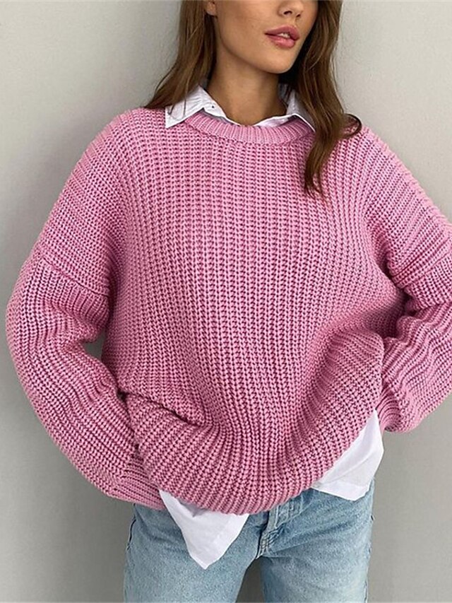 Womens Clothing Sweaters & Cardigans | Womens Pullover Sweater Jumper Ribbed crochet Knit Knitted Pure Color Crew Neck Stylish C