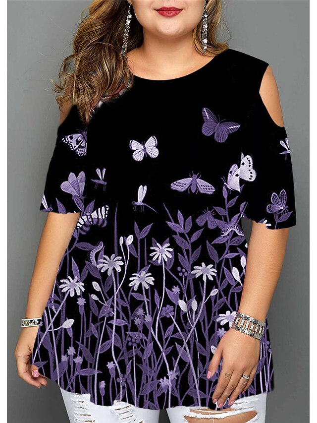 Womens Clothing Plus Size Collection | Womens Plus Size Tops Blouse Shirt Floral Butterfly Cut Out Print Half Sleeve Crewneck St