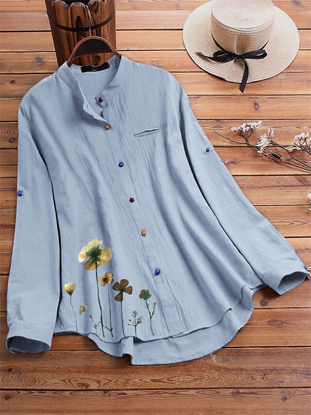 Womens Clothing Plus Size Collection | Womens Plus Size Tops Blouse Shirt Floral Button Print Long Sleeve Standing Collar Street