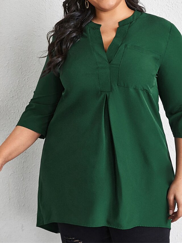 Womens Clothing Plus Size Collection | Womens Plus Size Tops Blouse Shirt Plain Ruched 3/4 Length Sleeve V Neck Streetwear Prepp