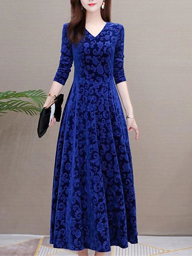 Womens Clothing Womens Dresses | Womens Swing Dress Midi Dress Blue Purple Long Sleeve Solid Color Ruched Velvet Spring Summer V